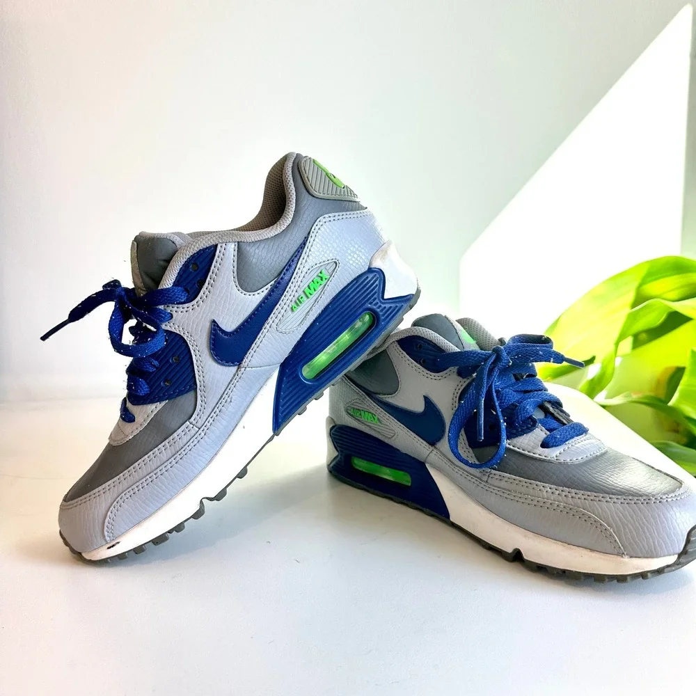 Nike Air Max 90 Wolf‎ Grey Deep Royal Blue Electric Green 724821-005 Kids 6Y